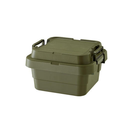 Durable and simple green TRUNK CARGO 18L plastic storage box with low height, compact size, clip lock handles and tie-down strap guides