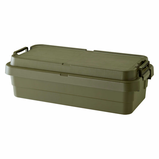 Durable and simple green TRUNK CARGO 40L plastic storage box with low height, clip lock handles and tie-down strap guides
