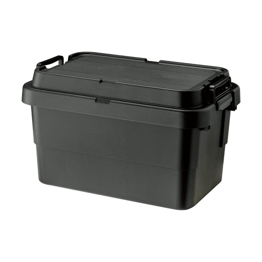 Durable and simple black TRUNK CARGO 50L plastic storage box with clip lock handles and tie-down strap guides