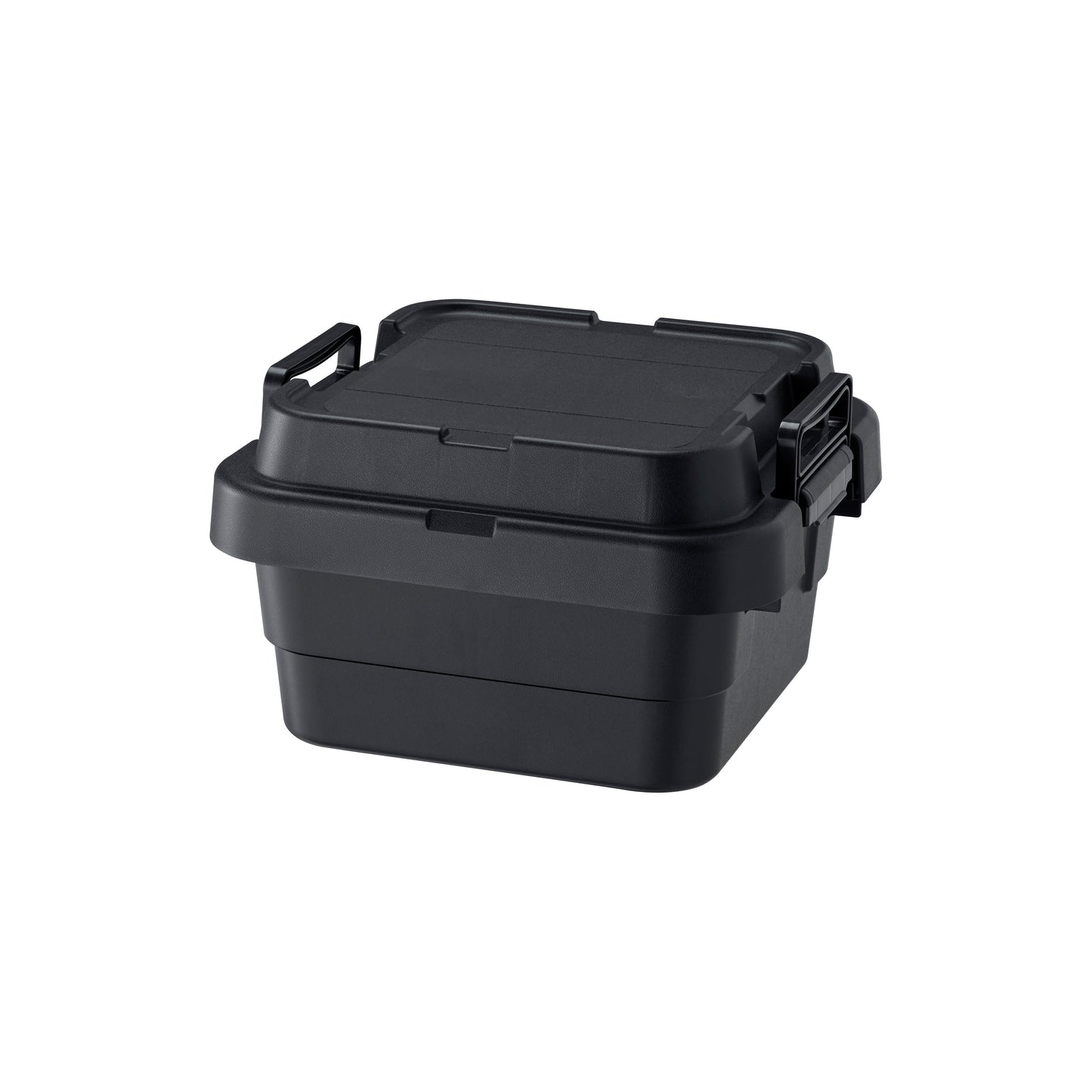 Durable and simple black TRUNK CARGO 18L plastic storage box with low height, compact size, clip lock handles and tie-down strap guides