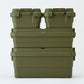 Two green TRUNK CARGO 18L Low type plastic storage boxes stacking on a green TRUNK CARGO 40L Low type plastic storage box and a green TRUNK CARGO 70L stacking type plastic storage box nicely