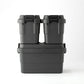 Two black TRUNK CARGO 20L plastic storage boxes stacking on a black TRUNK CARGO 50L plastic storage box