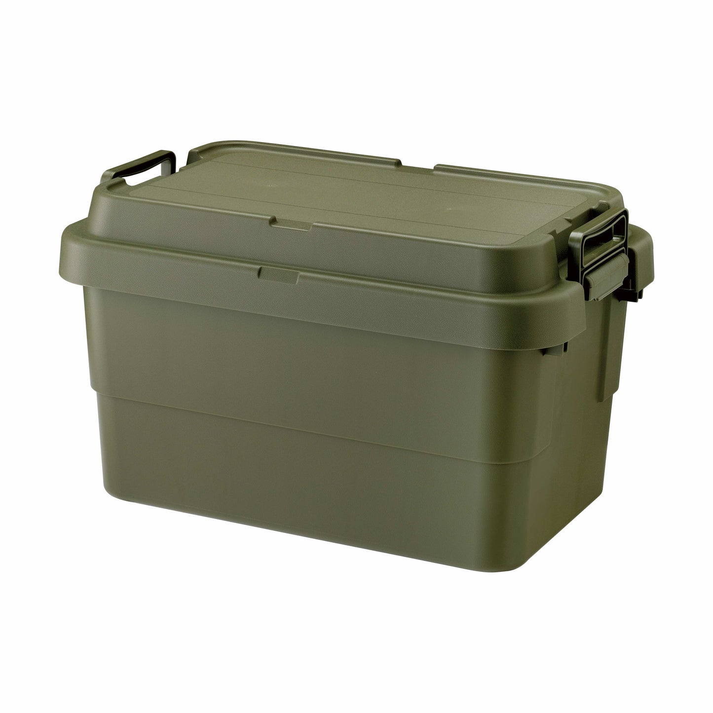 Durable and simple green TRUNK CARGO 50L plastic storage box with clip lock handles and tie-down strap guides
