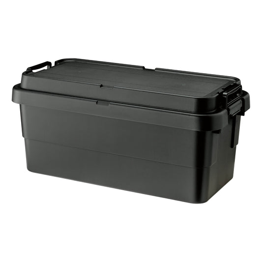Durable and simple black TRUNK CARGO 70L plastic storage box with clip lock handles and tie-down strap guides